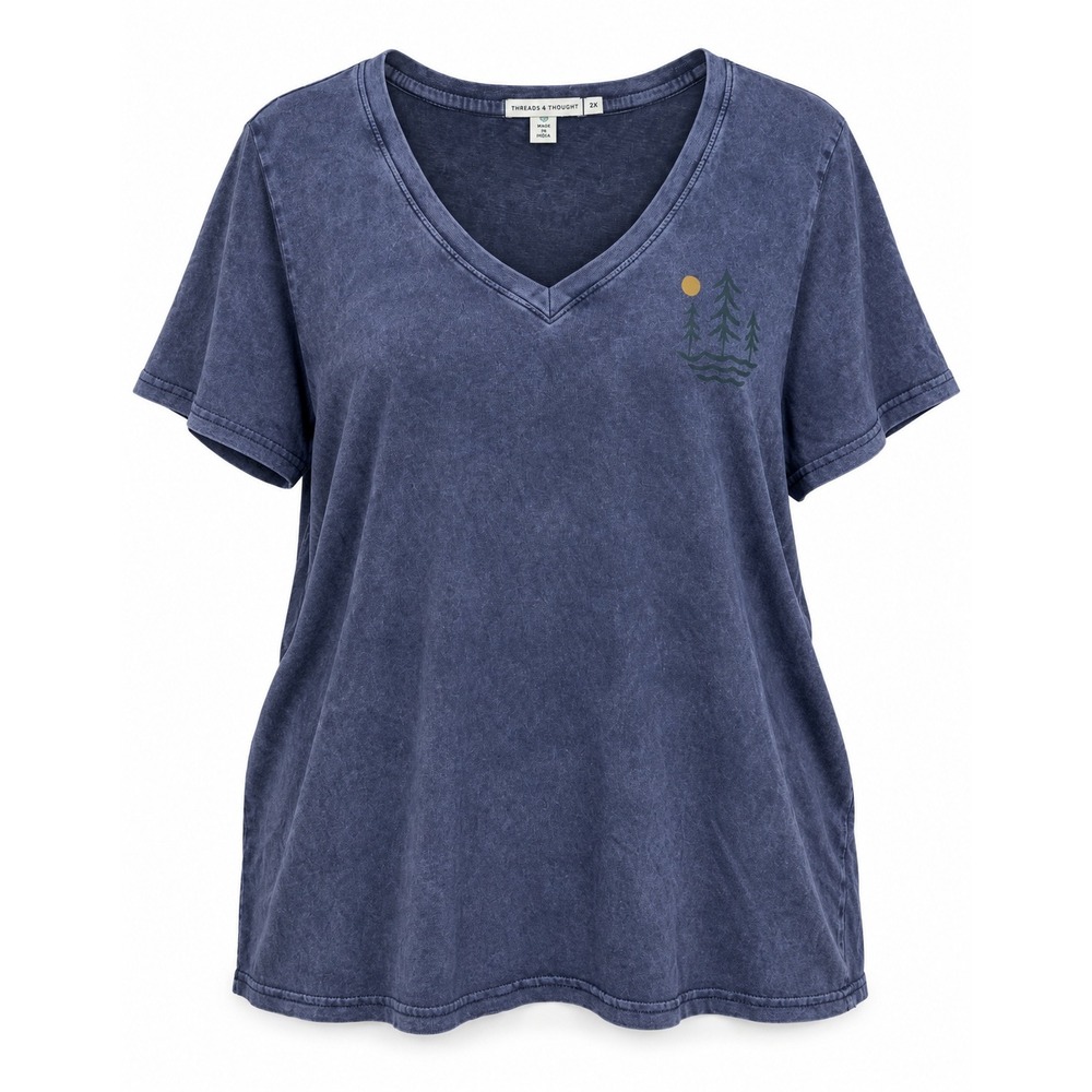 Threads 4 Thought Womens 2X Blue Mineral Wash V-Neck Graphic T-Shirt NWT